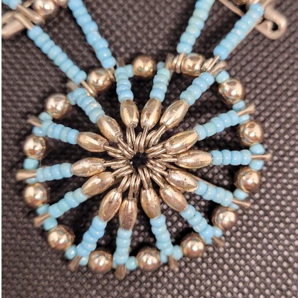 Retro Luxe Handmade Blue Bead Squash Blossom Necklace Boho Statement Piece - Picture 3 of 8